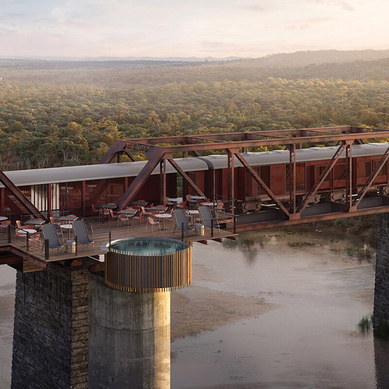kruger shalati hotel train on the bridge skukuza south africa