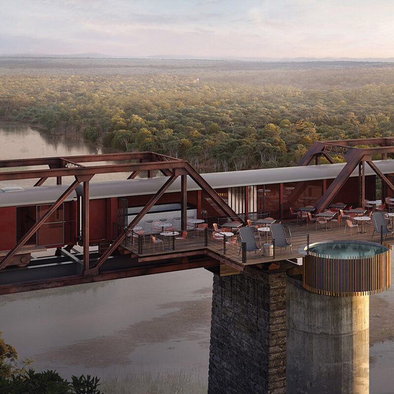 kruger shalati hotel train on the bridge skukuza south africa
